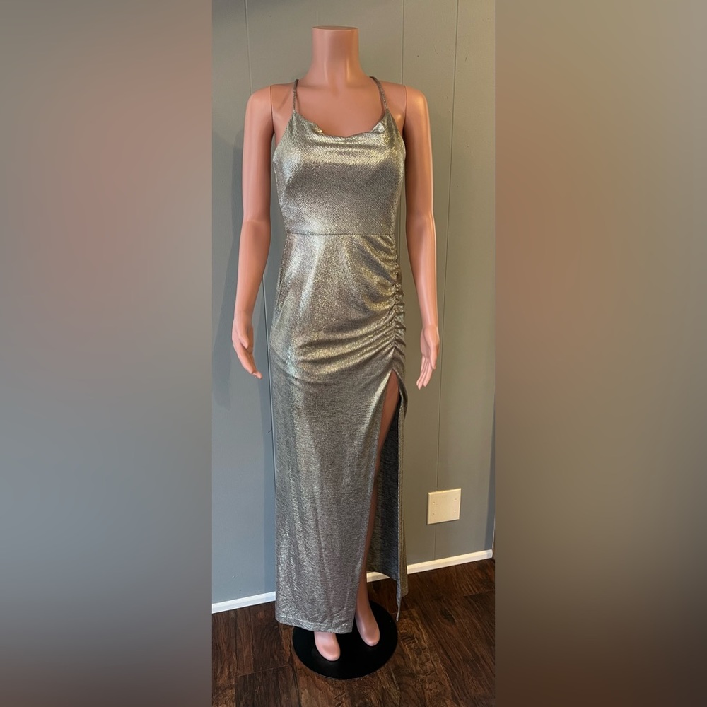 Avery G silver long formal strap dress